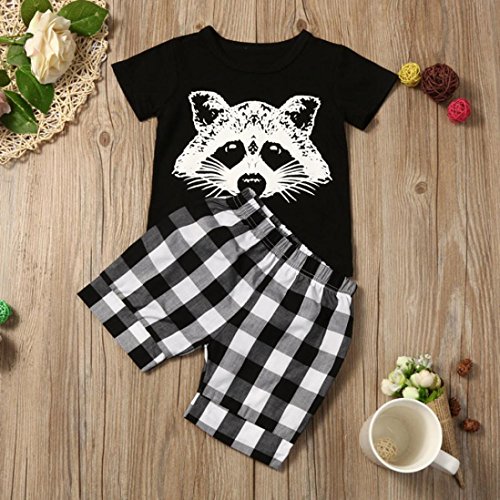 Ropa bebé Recién Nacido Camisetas de bebé niño Fox impresión y Pantalones Cortos de Cuadros Verano Conjunto de Ropa de Chico 6 Mes - 4 Años (Negro, Tamaño:18-24Mes)