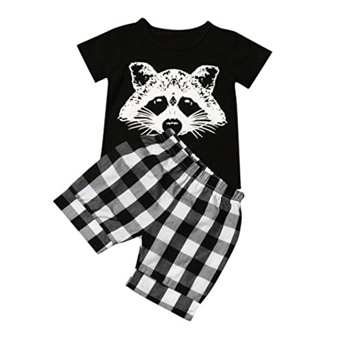 Ropa bebé Recién Nacido Camisetas de bebé niño Fox impresión y Pantalones Cortos de Cuadros Verano Conjunto de Ropa de Chico 6 Mes - 4 Años (Negro, Tamaño:18-24Mes)