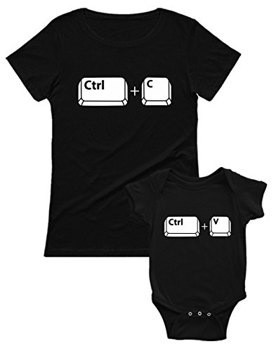 Ropa Mama y Bebe Iguales - Control Paste - Set Camiseta Madre Manga Corta y Body Manga Corta Bebé Negro Medium/Bebé Negro 3-6 Mes