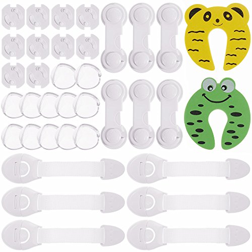 Rovtop 36 Pcs kit de Seguridad para Bebés, 12 Protectores de Esquina de Silicona, 6 Cierres de Armario, 6 Cerraduras de Cajón, 2 Clips de Puerta, 10 Cubiertas de Protección de Socket