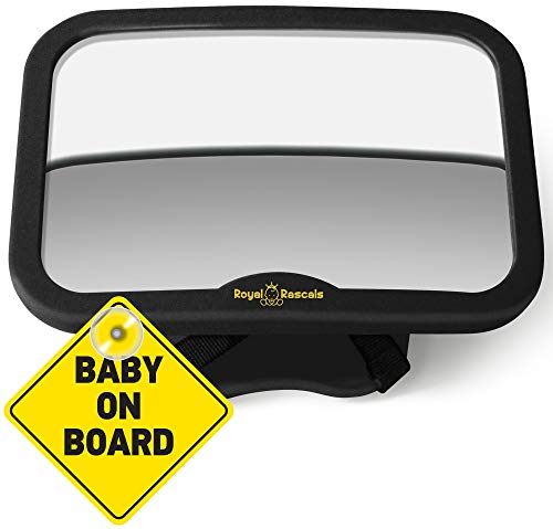 ROYAL RASCALS | Espejo para vigilar al bebé en el coche | Espejo retrovisor para asiento de niños orientado hacia atrás | NEGRO | Inastillable | PRODUCTO PREMIUM | Señal de Baby on Board GRATIS