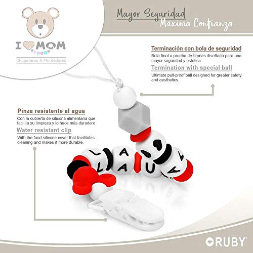 RUBY - Chupetero personalizado con nombre, pinza de plástico con cordón, silicona antibacteriana (Blanco)