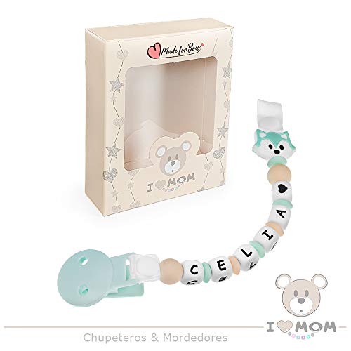 RUBY - Chupetero Personalizado con Nombre, Pinza de Plástico, Silicona Antibacteriana, Figura Baby Fox y Cinta (Turquesa Pastel)