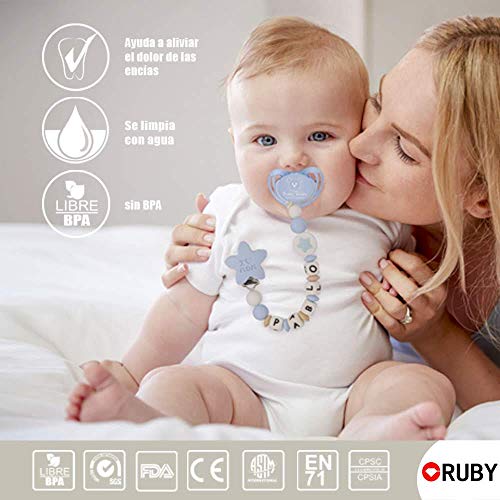 RUBY - Chupetero Personalizado Para Bebe con Nombre Bola Silicona Antibacteria con Koala de Silicona Alimentaria. (Rosa Pastel)