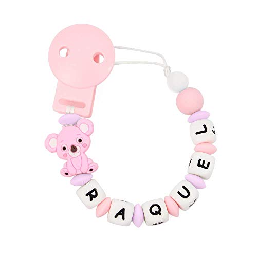 RUBY - Chupetero Personalizado Para Bebe con Nombre Bola Silicona Antibacteria con Koala de Silicona Alimentaria. (Rosa Pastel)