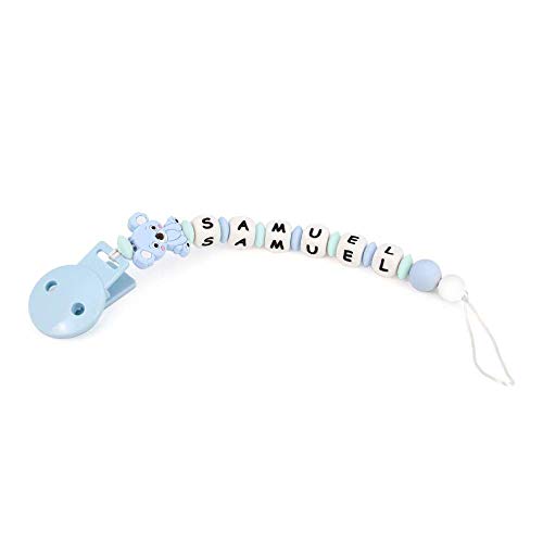 RUBY - Chupetero Personalizado Para Bebe con Nombre Bola Silicona Antibacteria con Koala de Silicona Alimentaria.(Azul Pastel)