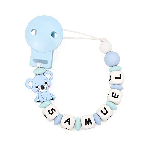 RUBY - Chupetero Personalizado Para Bebe con Nombre Bola Silicona Antibacteria con Koala de Silicona Alimentaria.(Azul Pastel)