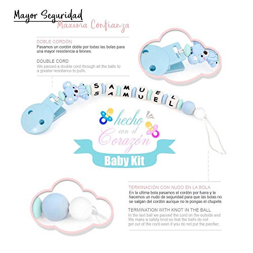 RUBY - Chupetero Personalizado Para Bebe con Nombre Bola Silicona Antibacteria con Koala de Silicona Alimentaria.(Azul Pastel)