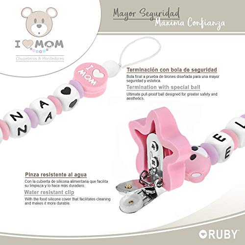 RUBY - Chupetero Personalizado para Bebe con nombre Bola Silicona Antibacteria con Pinza de Acero Inoxidable (Rosa Pastel, Chupeteros)