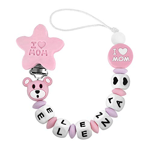 RUBY - Chupetero Personalizado para Bebe con nombre Bola Silicona Antibacteria con Pinza de Acero Inoxidable (Rosa Pastel, Chupeteros)