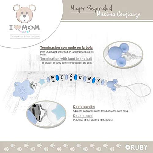 RUBY - Chupetero Personalizado para Bebe con Nombre Bola Silicona Antibacteriana con Pinza de Acero Inoxidable (Azul Pastel, Chupeteros)