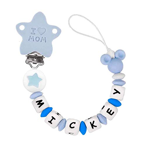 RUBY - Chupetero Personalizado para Bebe con Nombre Bola Silicona Antibacteriana con Pinza de Acero Inoxidable (Azul Pastel, Chupeteros)