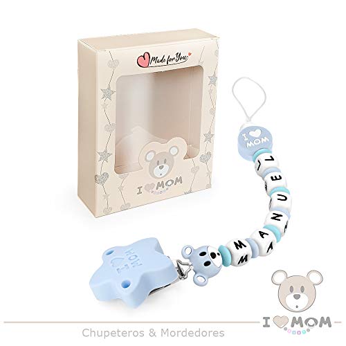 RUBY - Chupetero Personalizado para Bebe con Nombre Bola Silicona Antibacteriana con Pinza de Acero Inoxidable (Oso Azul Pastel, Oso Azul Pastel)