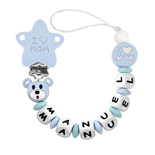 RUBY - Chupetero Personalizado para Bebe con Nombre Bola Silicona Antibacteriana con Pinza de Acero Inoxidable (Oso Azul Pastel, Oso Azul Pastel)