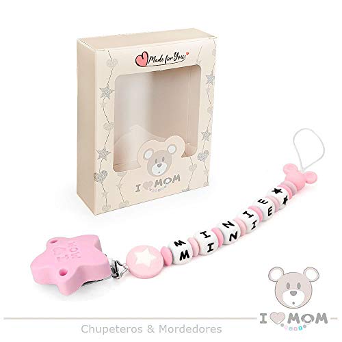 RUBY - Chupetero Personalizado para Bebe con Nombre Bola Silicona Antibacteriana con Pinza de Acero Inoxidable (Rosa Pastel, Chupeteros)