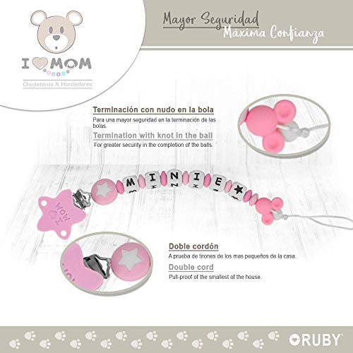 RUBY - Chupetero Personalizado para Bebe con Nombre Bola Silicona Antibacteriana con Pinza de Acero Inoxidable (Rosa Pastel, Chupeteros)