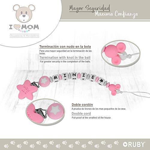 RUBY - Chupetero Personalizado para Bebe con Nombre Bola Silicona Antibacteriana con Pinza de Acero Inoxidable (Rosa Pastel Cordón, Pack Chupetes 0-6m)