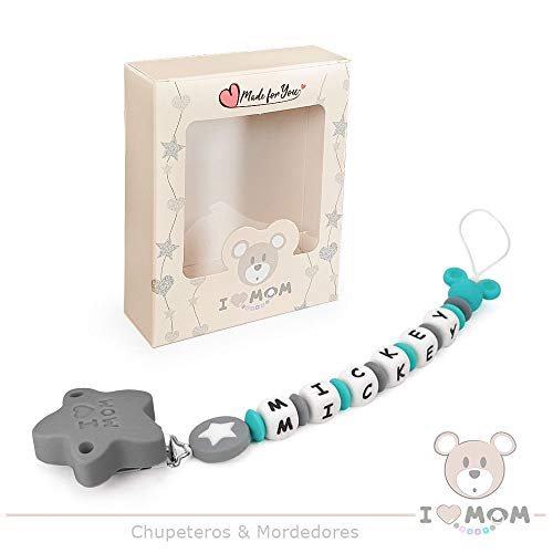 RUBY - Chupetero Personalizado para Bebe con Nombre Bola Silicona Antibacteriana con Pinza de Acero Inoxidable (Turquesa, Chupeteros)