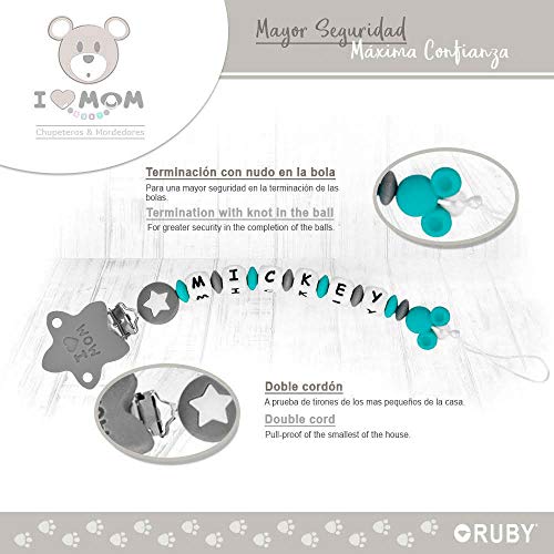 RUBY - Chupetero Personalizado para Bebe con Nombre Bola Silicona Antibacteriana con Pinza de Acero Inoxidable (Turquesa, Chupeteros)