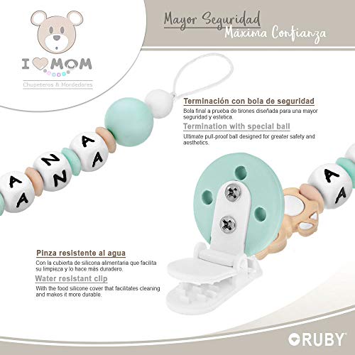 RUBY - Chupetero Personalizado para Bebé con Nombre Bola Silicona Antibacteriana con Pinza Redonda de Silicona (Beige)