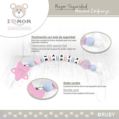 RUBY - Chupetero Personalizado"I LOVE MOM" con Pinza de Acero Inoxidable con Cubierta de Silicona en forma de Estrella Juguete Antibacteriana Impermeable (Rosa Pastel)