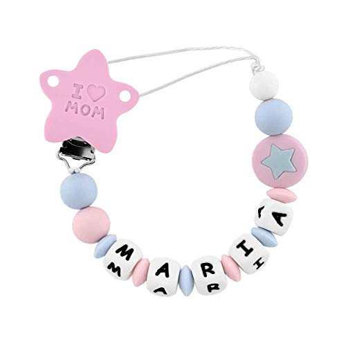 RUBY - Chupetero Personalizado"I LOVE MOM" con Pinza de Acero Inoxidable con Cubierta de Silicona en forma de Estrella Juguete Antibacteriana Impermeable (Rosa Pastel)