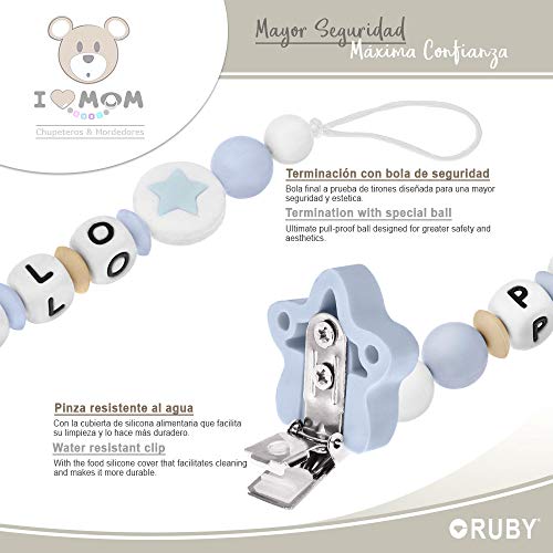 RUBY - Chupetero Personalizado"I LOVE MOM" con Pinza de Acero Inoxidable con Cubierta de Silicona en forma de Estrella Juguete Antibacteriana Impermeable (Azul Pastel)