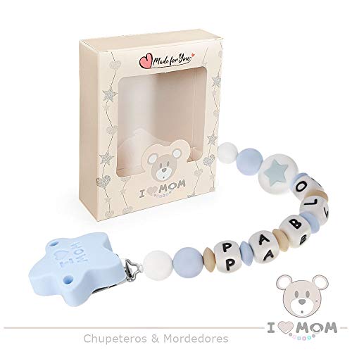 RUBY - Chupetero Personalizado"I LOVE MOM" con Pinza de Acero Inoxidable con Cubierta de Silicona en forma de Estrella Juguete Antibacteriana Impermeable (Azul Pastel)