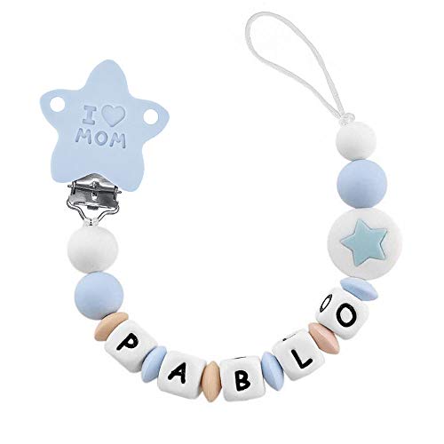 RUBY - Chupetero Personalizado"I LOVE MOM" con Pinza de Acero Inoxidable con Cubierta de Silicona en forma de Estrella Juguete Antibacteriana Impermeable (Azul Pastel)