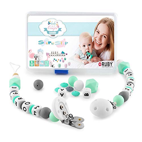 RUBY - Kit 2 pcs Chupetero con nombre personalizado con pinza y bola silicona antibacteria para bebe. Envío urgente gratis (Turquesa Pastel)