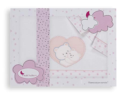 Sabanas 100% Algodón COCHE/CAPAZO 40X80 - Corazón Oso ROSA (bajera+encimera+funda almohada)