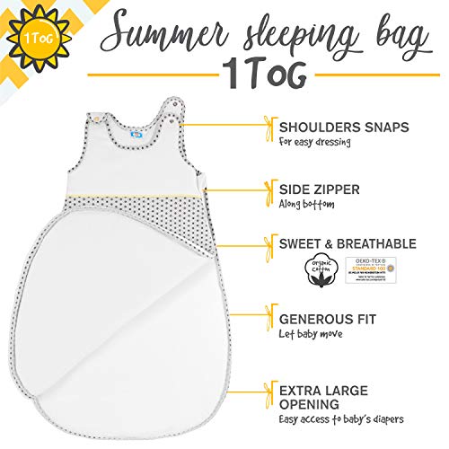 Saco de dormir bebe Verano, TOG 1, Talla 80cm (6-12 meses) - Algodon 100% Ecológico, Certificado OEKO TEX Sin Productos Químicos - Unisex, Saco para dormir bebe, Cierre de Seguridad, Gris Baby Stars