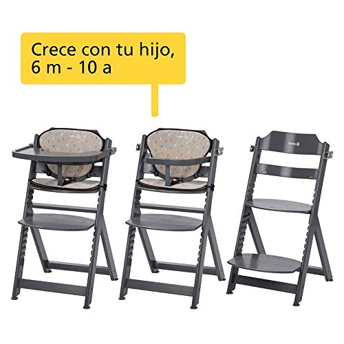 Safety 1st Timba con cojín, Trona de madera evolutiva, Trona para bebés con bandeja extraíble, Silla de altura regulable crece con el niño 6 meses - 10 años, color Warm Grey