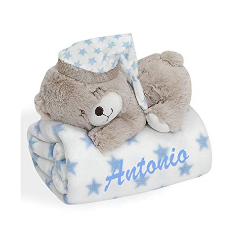 Set manta bebe BORDADA con nombre y peluche osito a juego (azul)