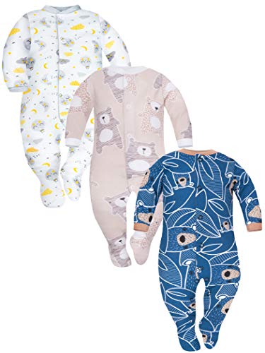 Sibinulo Nino Nina Pijama Bebé Pelele de Algodón Pack de 3 Osos de Peluche Azul Marino Osos de Peluche Beige Lunas 74(6-9 Meses)