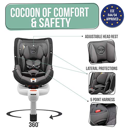 Silla de Coche Giratoria 0-18kg, 360º, Isofix, Grupo 0+/1, Normativa ECE R44/4 (Máxima Seguridad para Vuestro Hijo) - Silla de Coche 0 + 1, Reclinable, Rotativa con Alzador de Asiento para niños