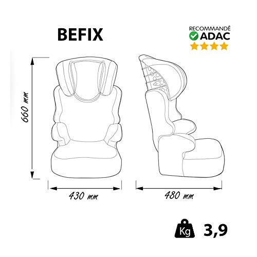 Silla de coche Grupo 2/3 (15-36kg) - Fabricación 100% Francesa - 3 estrellas Test ADAC/TCS - 4 coloridos - Reposa Cabeza y asiento Tapizado, acolchado y ajustable.