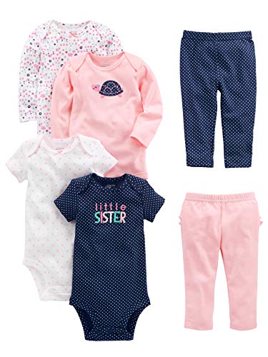 Simple Joys by Carter's Conjunto de 6 piezas de body para niñas (manga corta y larga) y pantalones ,Pink/Navy Ruffle ,Bebé prematuro