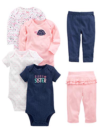 Simple Joys by Carter's Conjunto de 6 piezas de body para niñas (manga corta y larga) y pantalones ,Pink/Navy Ruffle ,Bebé prematuro