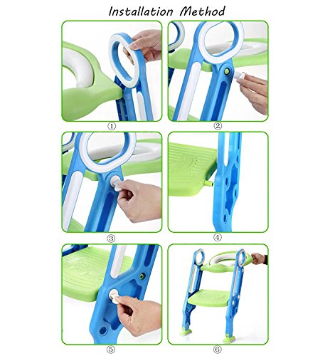 Sinbide Escalera Asiento Escalera del Tocador de Niños, Reductor WC para Niños Acolchado Suave con Escalón Plegable Abatible Ajustable, Antideslizante (Azul-Verde)