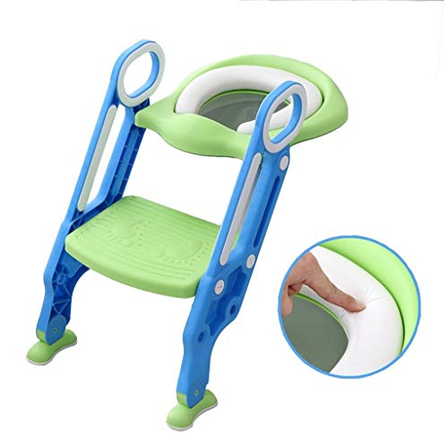 Sinbide Escalera Asiento Escalera del Tocador de Niños, Reductor WC para Niños Acolchado Suave con Escalón Plegable Abatible Ajustable, Antideslizante (Azul-Verde)