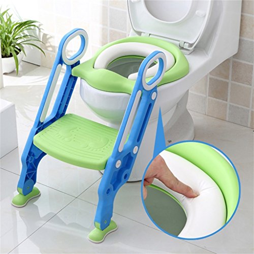 Sinbide Escalera Asiento Escalera del Tocador de Niños, Reductor WC para Niños Acolchado Suave con Escalón Plegable Abatible Ajustable, Antideslizante (Azul-Verde)