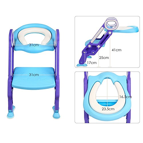 Sinbide Escalera Asiento Escalera del Tocador de Niños, Reductor WC para Niños Acolchado Suave con Escalón Plegable Abatible Ajustable, Antideslizante (Azul-Violeta)