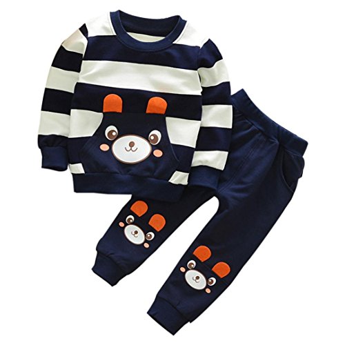 SMARTLADY 2-5 años Niño Niña Oso Rayado Patrón Tops + Pantalones Otoño/ Invierno Ropa Conjuntos (2 años, Navy)