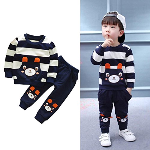 SMARTLADY 2-5 años Niño Niña Oso Rayado Patrón Tops + Pantalones Otoño/ Invierno Ropa Conjuntos (3 años, Navy)