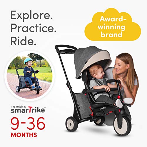 SMARTRIKE STR5 Triciclo Plegable con Carrito Certificado para niños de 1,2,3 años con Bordado Personalizado, Triciclo multietapa 7 en 1 (Gris)