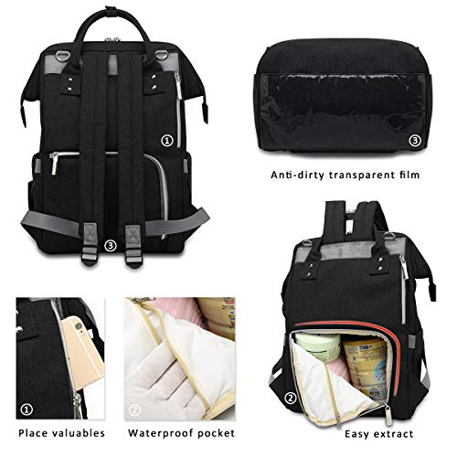 SONARIN Multifunción Mochilas para Pañales Con Correa de Cochecito,Gran Capacidad, Organizador de Mochila de Viaje,Impermeable,Anti-sucio película transparente, Elegante y Durable,Ideal Regalo(Negro)