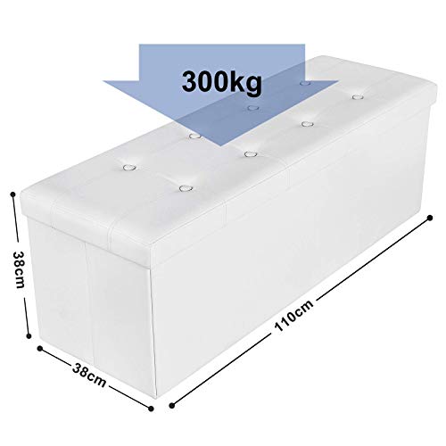 Songmics Baúl Puff - Taburete para almacenaje, Plegable Carga máxima de 300 kg, Blanco, 110 x 38 x 38 cm