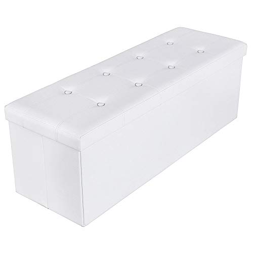 Songmics Baúl Puff - Taburete para almacenaje, Plegable Carga máxima de 300 kg, Blanco, 110 x 38 x 38 cm