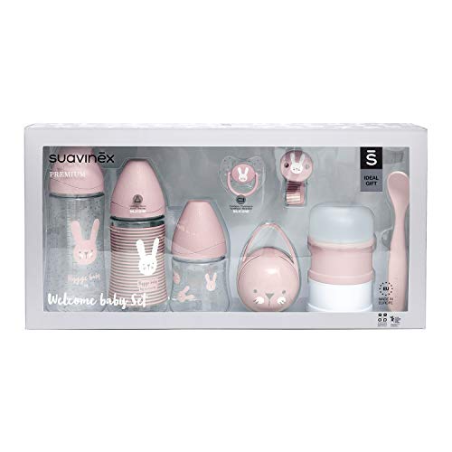 Suavinex 306625 - Set Premium 8 Productos para Recién Nacido (Biberón 150ml, 270ml y 360ml, Dosificador de leche, Chupete fisiológico 2-4 meses, Broche cinta y Cuchara) Whiskers Rosa